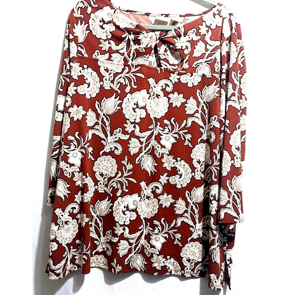 Chico's Womens Size 3 XL Stretch Popover Blouse Knot Neck with Keyhole Floral